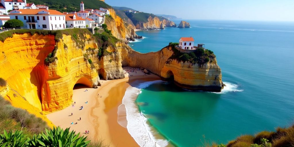 Scenic coastline of Portugal with beaches and cliffs.