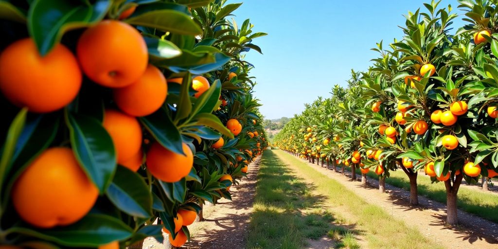 Orange trees with ripe fruit in a sunny landscape.