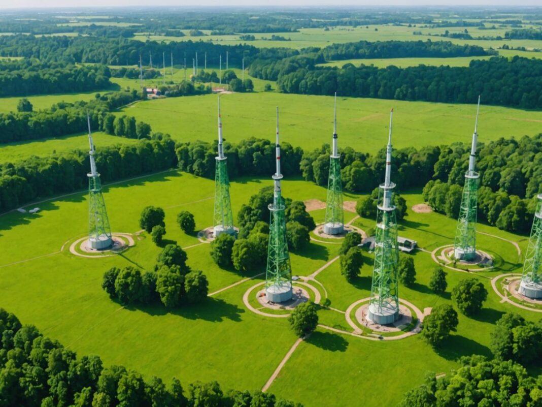 Aerial view of six telecom towers