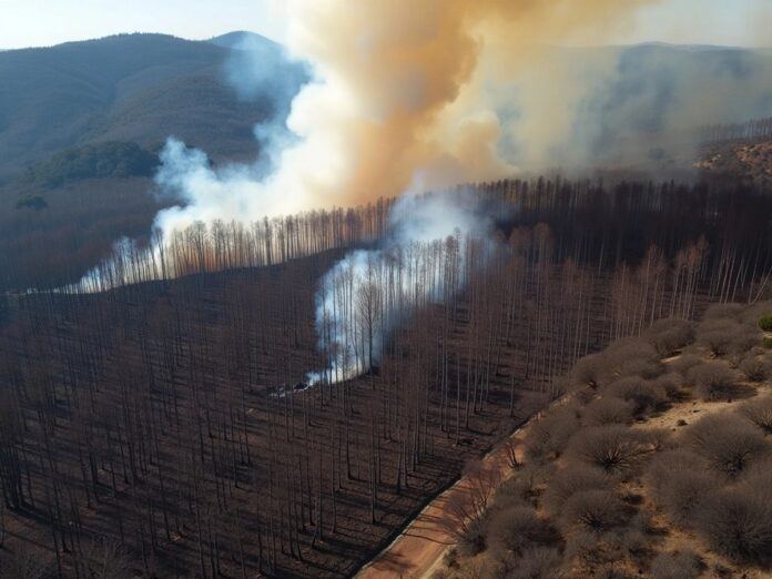 Aerial view of burnt forest and smoke from wildfires.