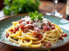 Carbonara with chorizo on a plate with a wine bottle and glass visible in the background