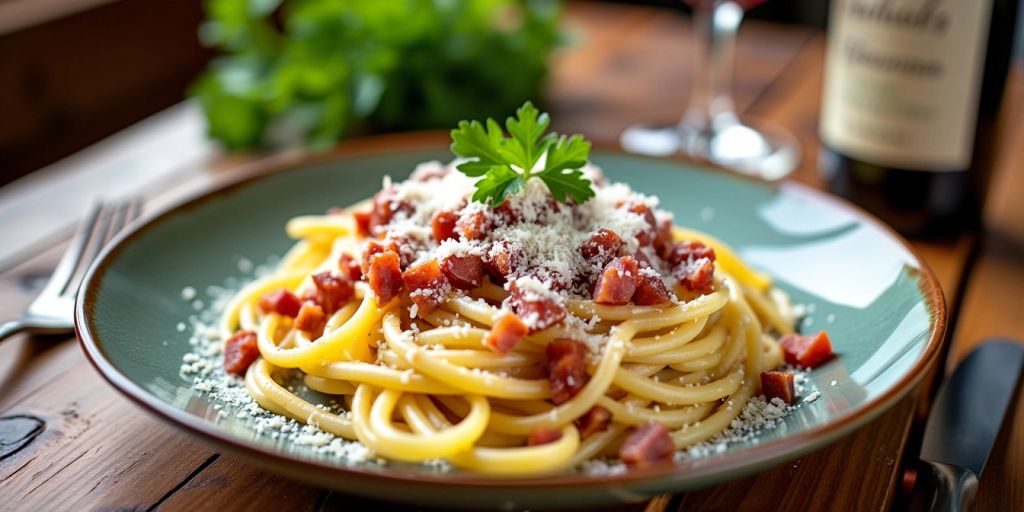 Carbonara with chorizo on a plate with a wine bottle and glass visible in the background