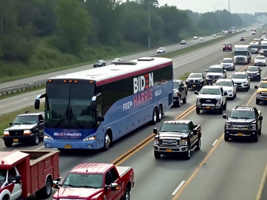 Biden-Harris bus surrounded by trucks on highway