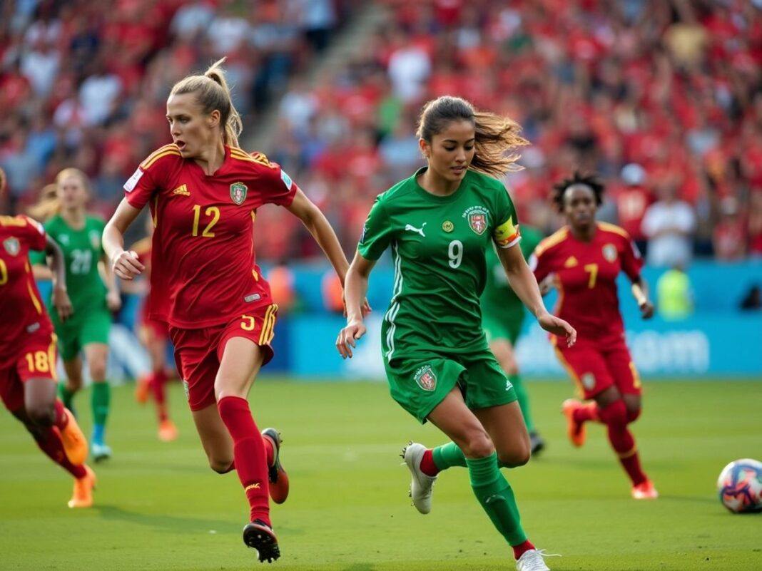 Soccer teams in red and green uniforms on the field.