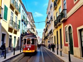 Lisbon street with tram and colorful buildings