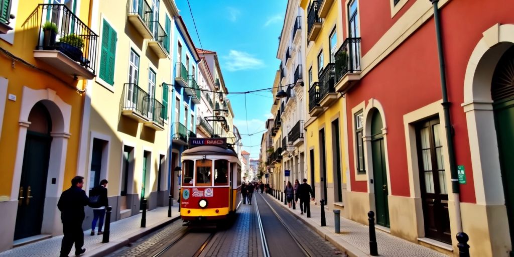 Lisbon street with tram and colorful buildings