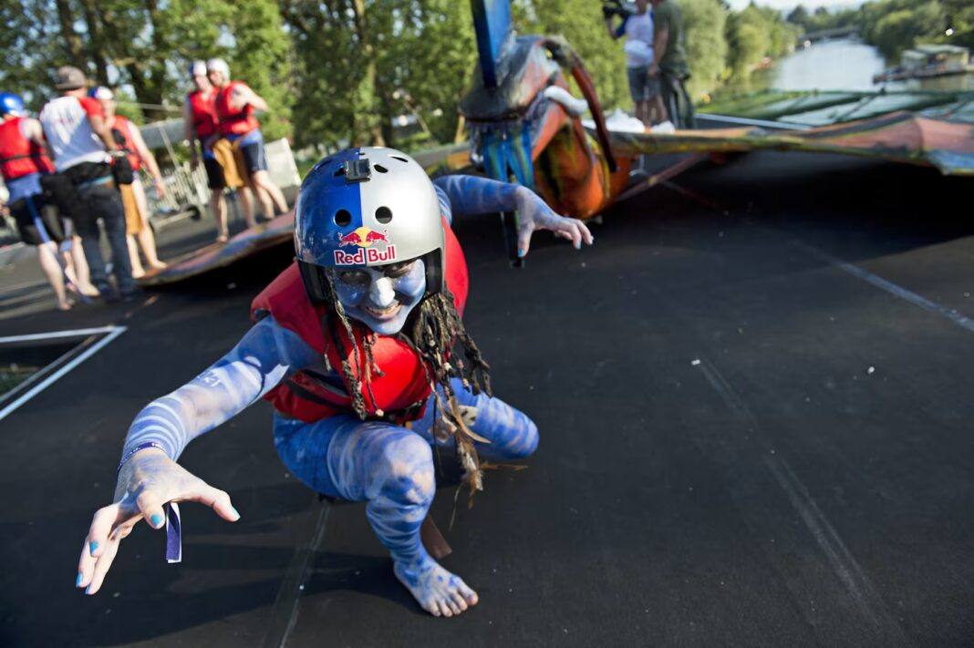 A competitor in teh Red Bull Flugtag poses for the camera