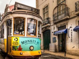 A tram pictured on a Lisbon street