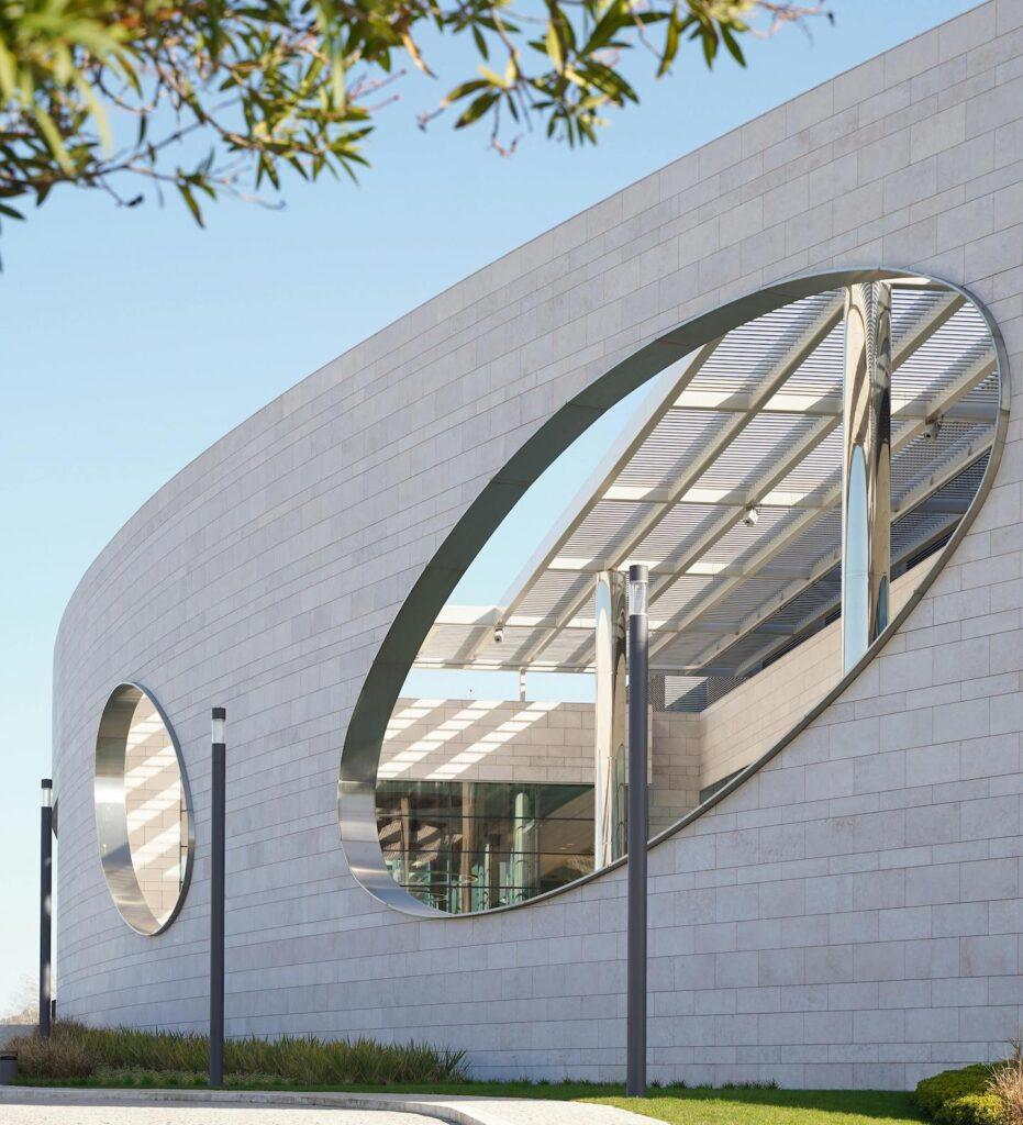 The large window openings of teh Champalimaud Foundation building in Lisbon.