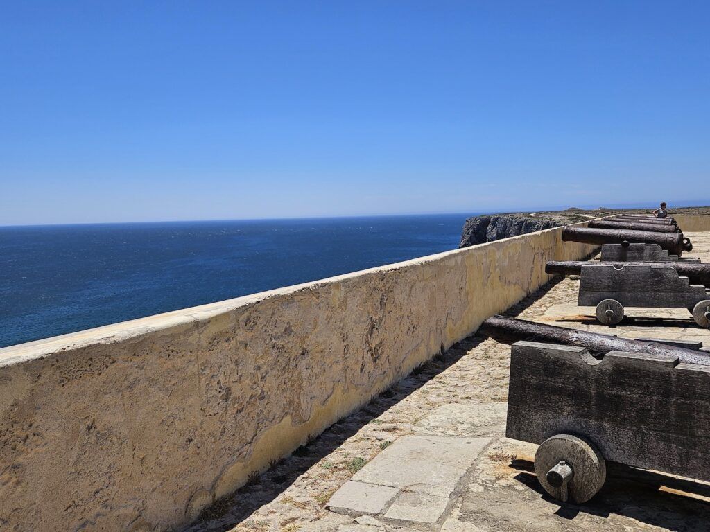 Ramparts and canons pointing to sea, seen at the Fort of Sagres in Portugal