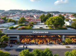 Modern grocery store in Portugal with shoppers outside.