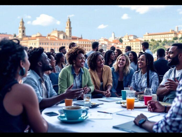 Group discussion in Coimbra with historic buildings in background.