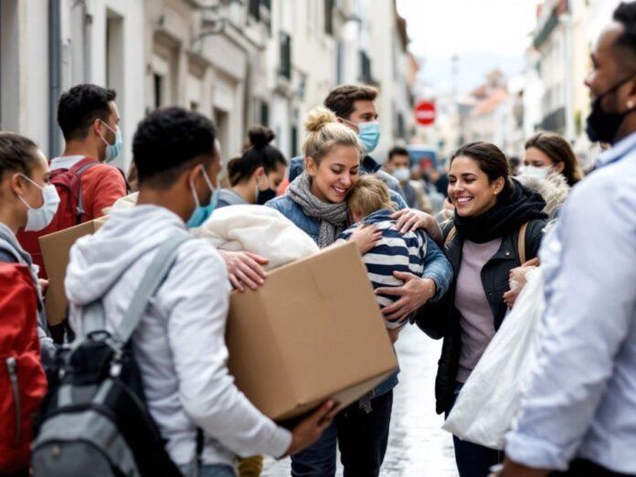 Homeless individuals being relocated by city officials in Lisbon.