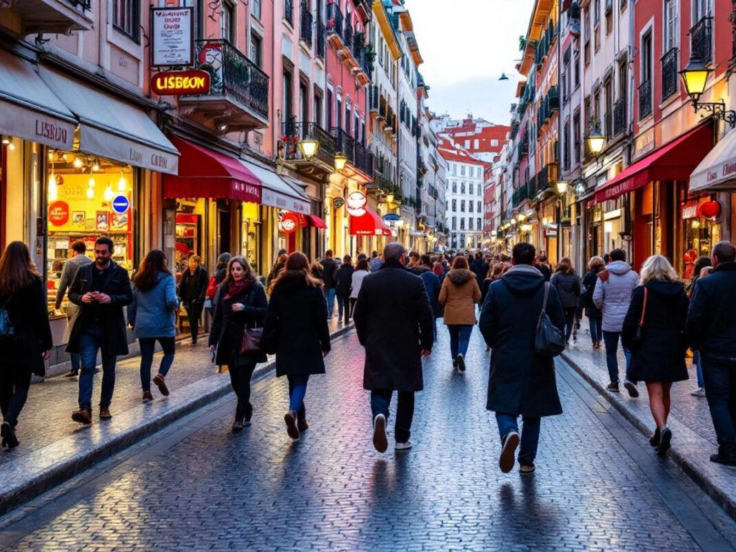 Lisbon street scene with people and shops bustling.