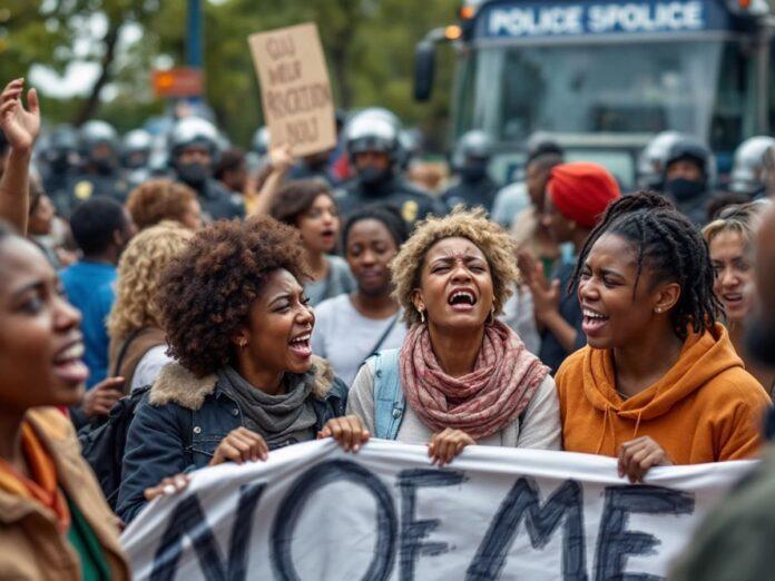 Protestors gathered outside a police station during unrest.