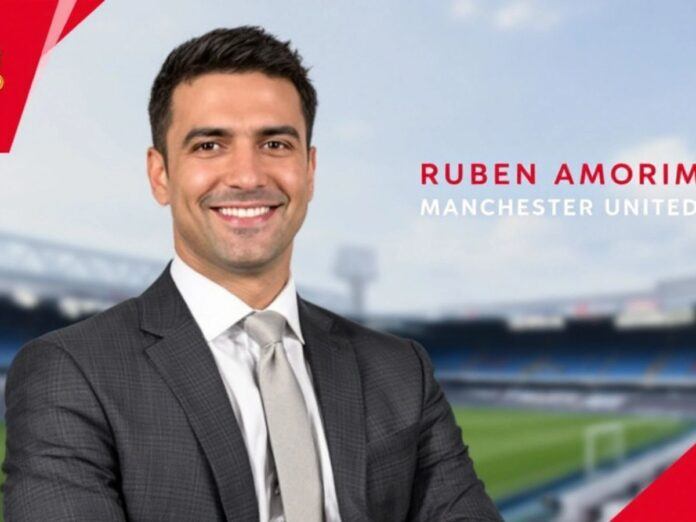 Ruben Amorim smiling in a suit at a football stadium.