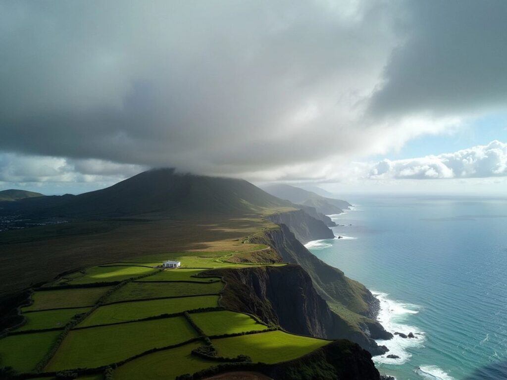 Aerial view of Terceira Island with ocean waves.