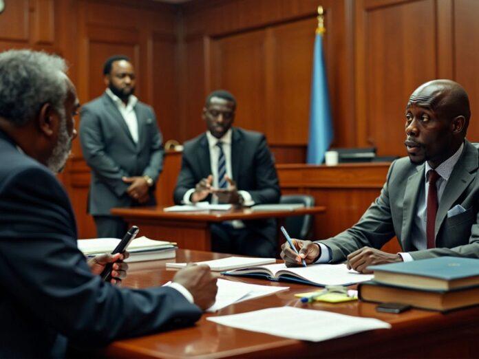 Courtroom scene during property usurpation trial in Angola.