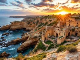 {"original_document": "Vue côtière des ruines templières en Algarve au coucher du soleil."}