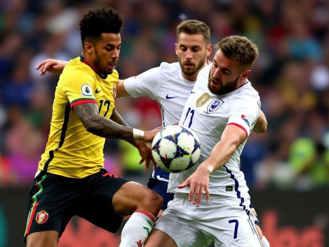 Portugal and Scotland players battling for the ball.