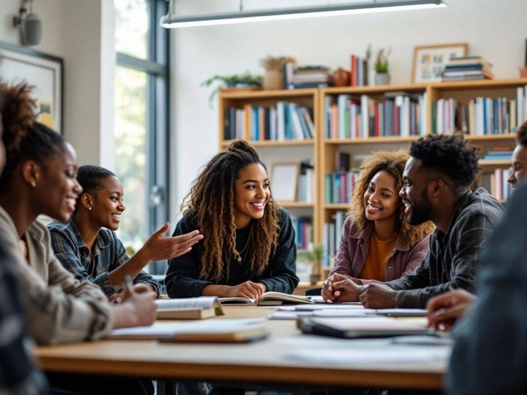 Diverse students discussing in a bright classroom.