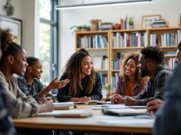 Diverse students discussing in a bright classroom.