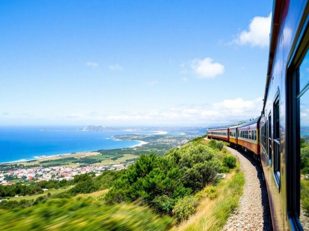 Train traveling through Algarve countryside towards Lisbon.