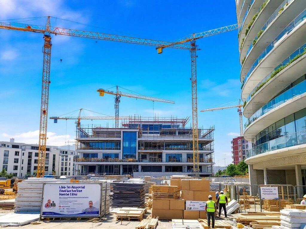 Construction workers and cranes at Lisbon Eastern Hospital site.