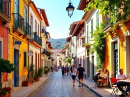 Colorful street scene in Portugal with outdoor cafes.