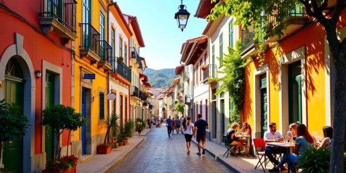 Colorful street scene in Portugal with outdoor cafes.