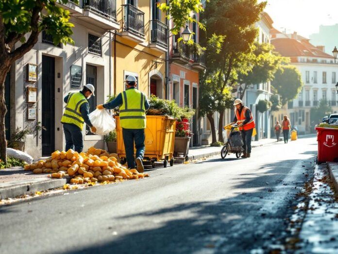 Lisbon street with workers collecting waste and greenery.