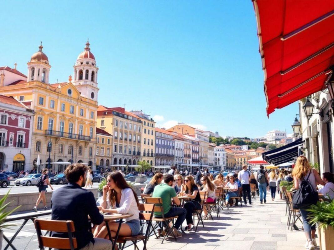 Young professionals enjoying Lisbon's vibrant outdoor cafes.