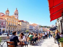 Young professionals enjoying Lisbon's vibrant outdoor cafes.