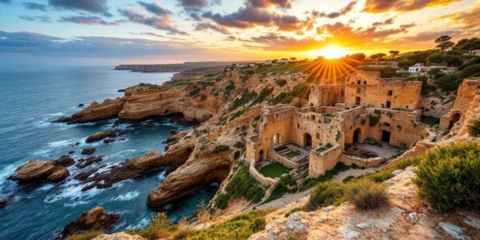 Coastal view of Templar ruins in Algarve at sunset.