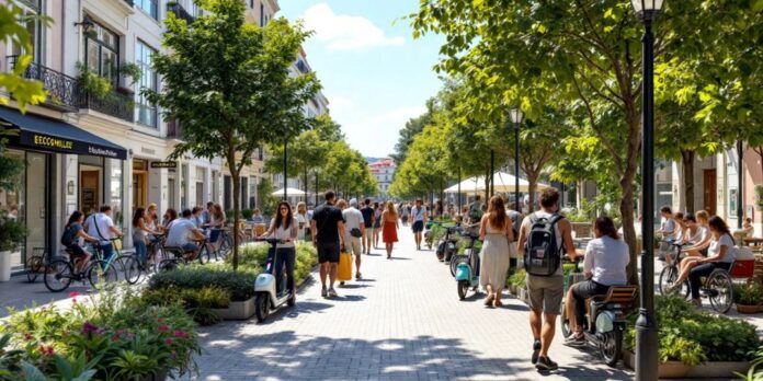 People using bikes and scooters in a green urban space.