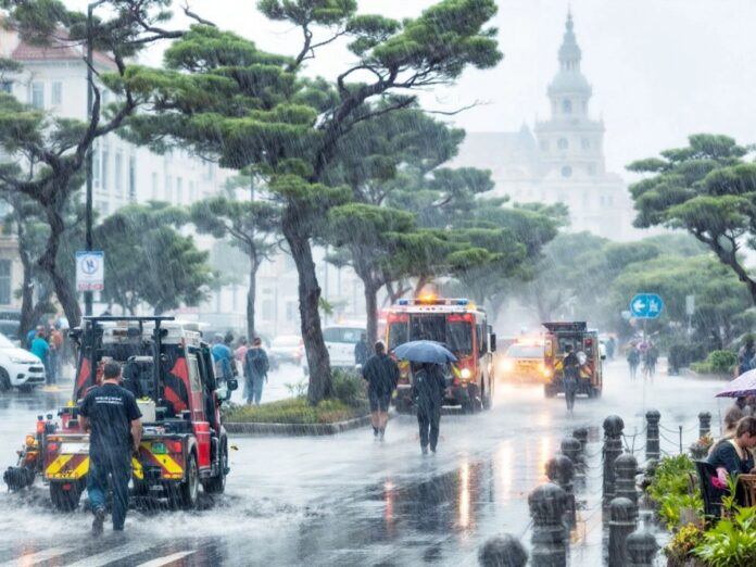 Heavy rain and wind in Greater Lisbon during severe weather.