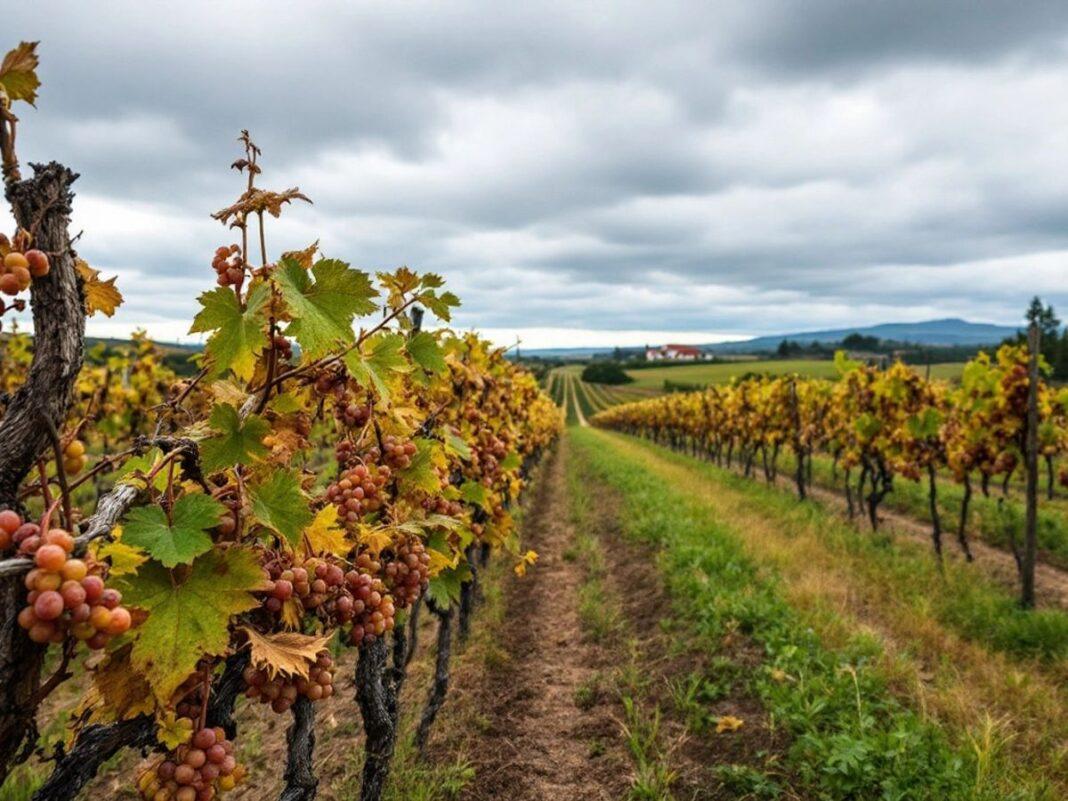 Vineyard in Northern Portugal with wilted grapevines.