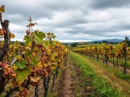 Vineyard in Northern Portugal with wilted grapevines.