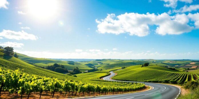 Vineyards in Portugal under a clear blue sky.