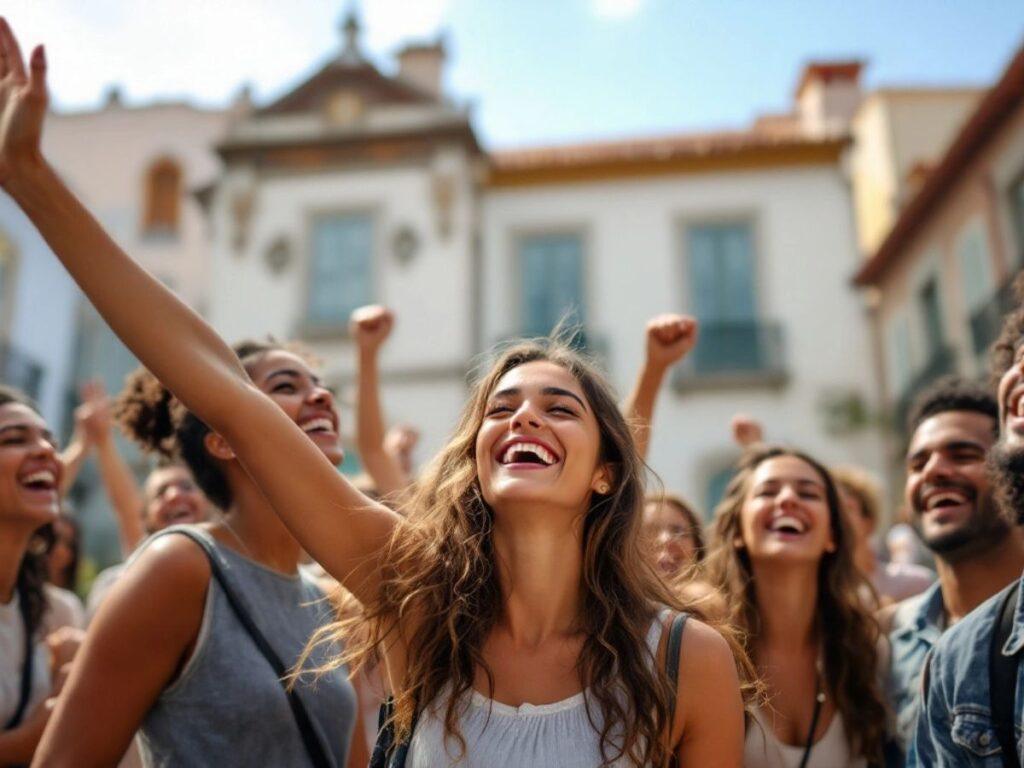 Young Brazilians celebrating in Portugal with joyful expressions.