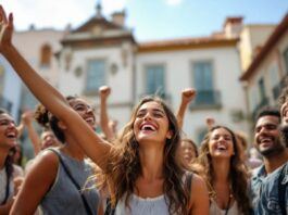 Young Brazilians celebrating in Portugal with joyful expressions.