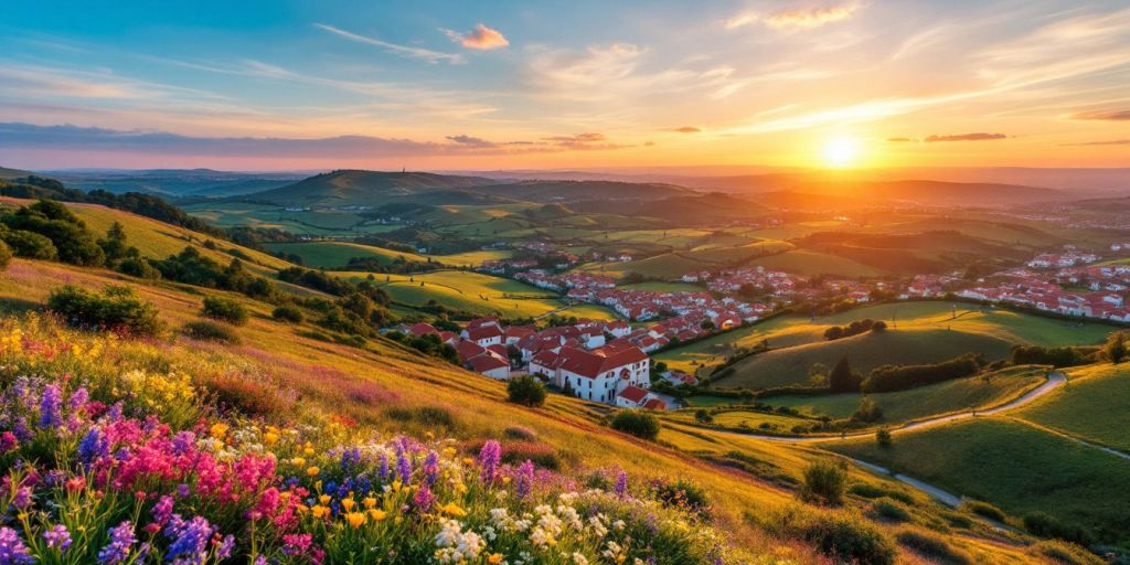 Scenic countryside view of Portugal with hills and villages.