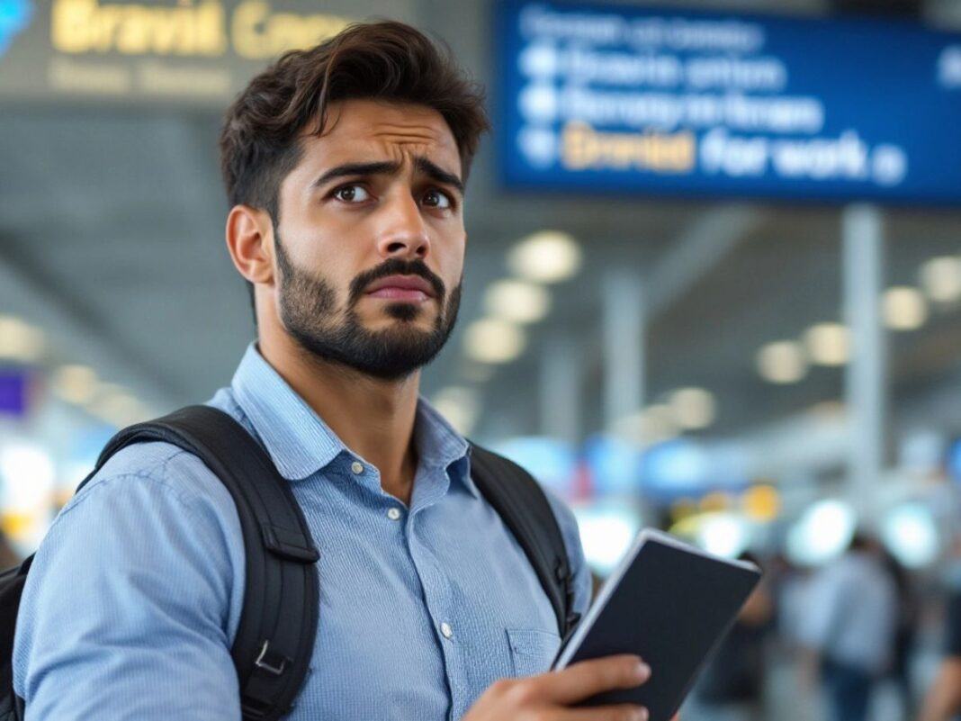 Concerned Brazilian man at airport holding passport.