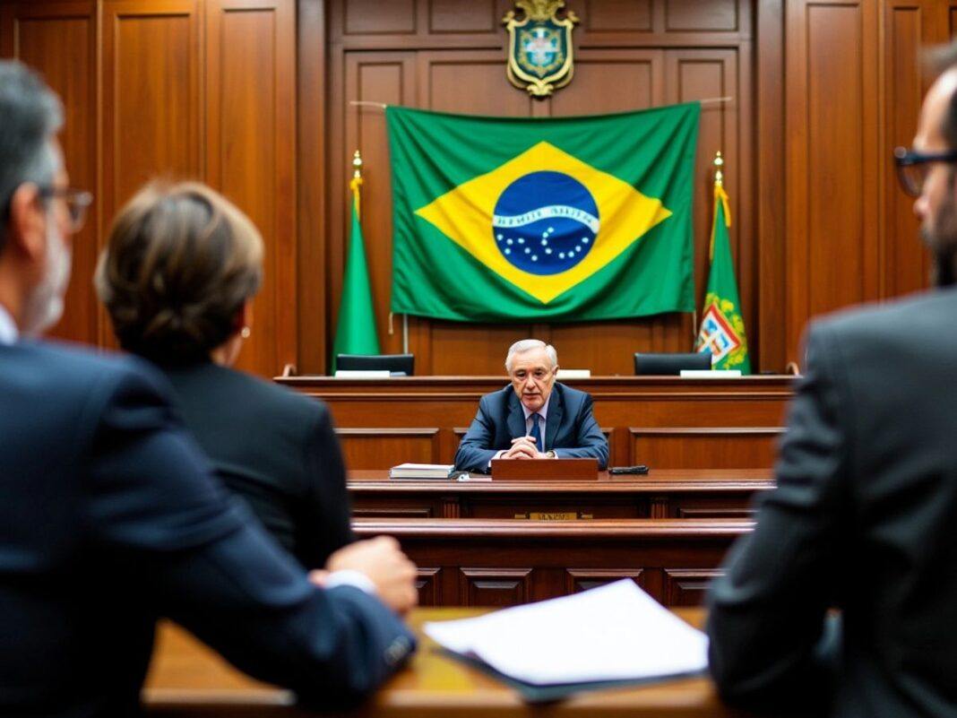 Courtroom scene with judge and Brazilian flag present.