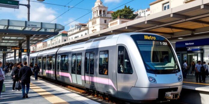 New Lisbon Metro carriages at a busy station.