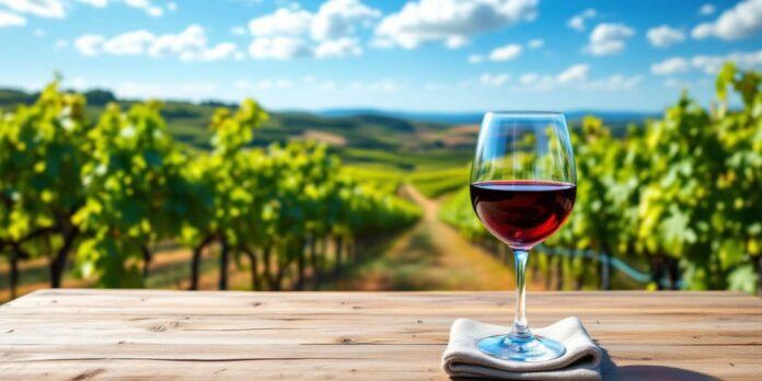 Vineyards in Portugal with a glass of red wine.