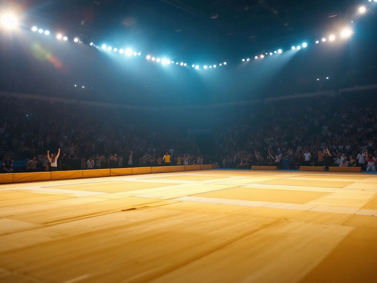 Empty judo mat with bright lights and no competitors.