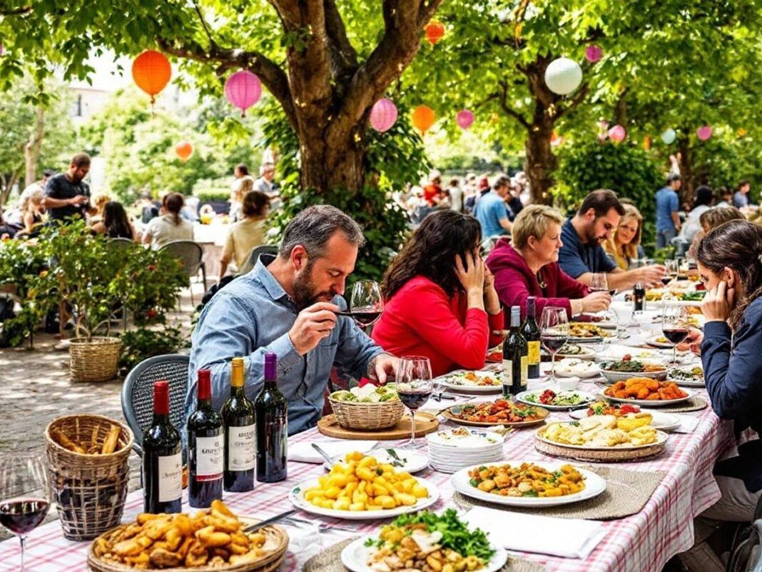 People enjoying wine and food at a festival.