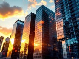 City skyline at sunset, symbolizing financial growth.