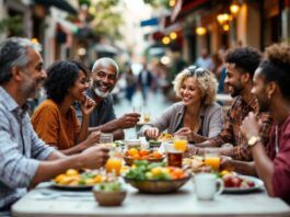 Expats dining outdoors in a lively urban environment.